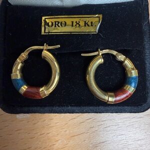 18K Solid Gold Argentine Huggie Hoops 750 Stamped Enamel Detail